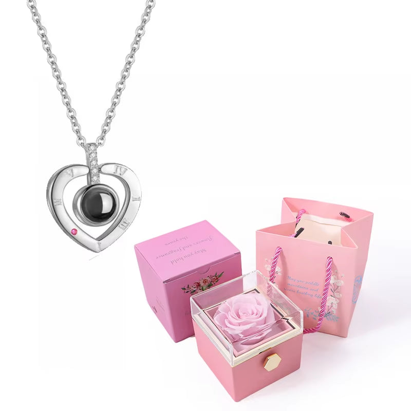 100 Languages I Love You Projection Necklace with Rotating Rose Gift Box 2023 New Creativity Design Romantic Luxury Jewelry Set