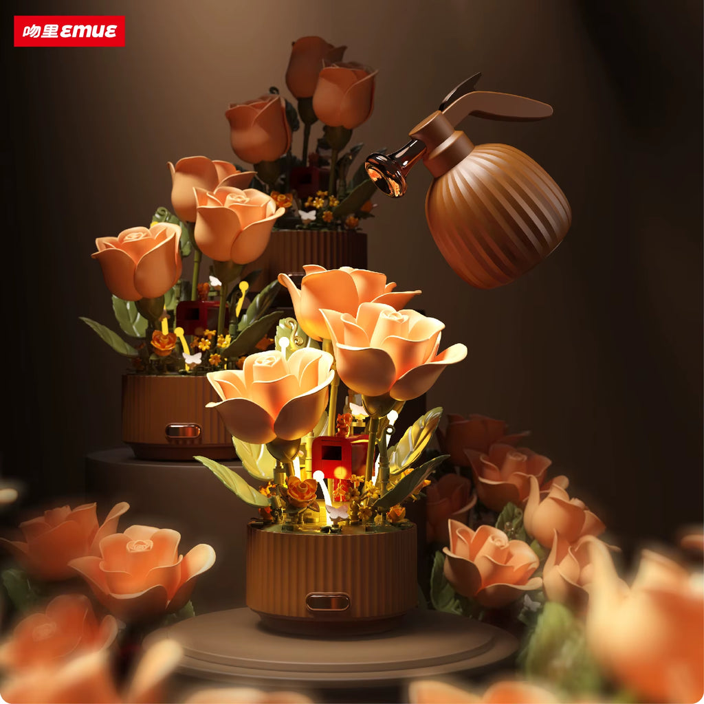 Dynamic Building Block Flower Electric Assembly Rose Bouquet Fairy Atmosphere High-End Decoration for Girl Handmade Wedding Gift