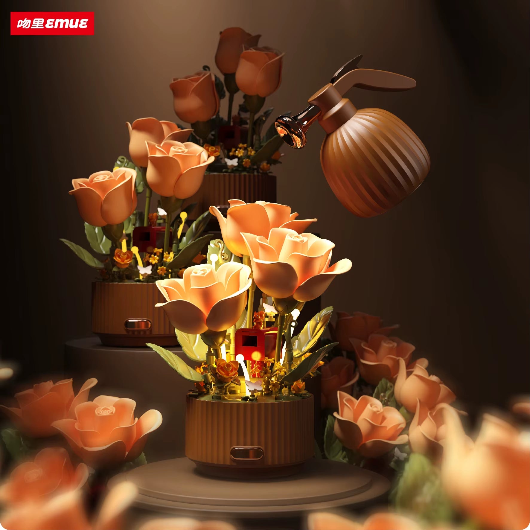 Dynamic Building Block Flower Electric Assembly Rose Bouquet Fairy Atmosphere High-End Decoration for Girl Handmade Wedding Gift