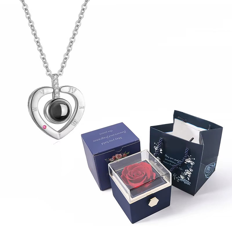 100 Languages I Love You Projection Necklace with Rotating Rose Gift Box 2023 New Creativity Design Romantic Luxury Jewelry Set